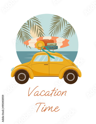 A yellow retro car with luggage on the roof is heading on holiday to the seaside.