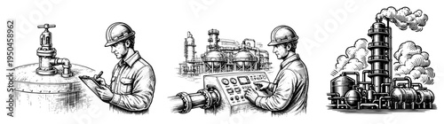 Hand drawn industrial scenes featuring oil refinery workers operating machinery and monitoring chemical plant production