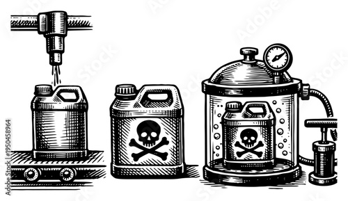 Vintage engraving of an industrial chemical production line filling containers with toxic or hazardous materials