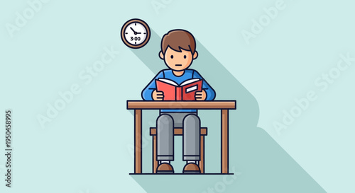 Boy studying at desk with clock, education concept