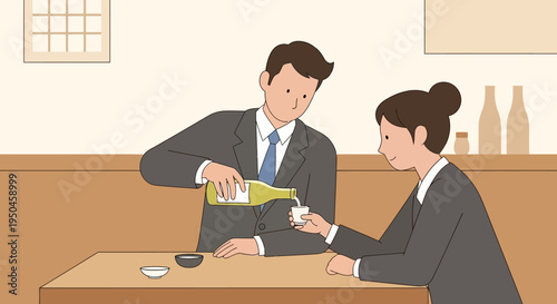 Business colleagues sharing sake in a Japanese restaurant