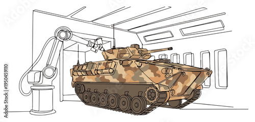 Modern illustration of a military armored vehicle in a maintenance hangar featuring a robotic assembly arm