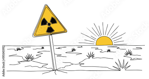 Minimalist line art illustration of a radiation warning sign in a desolate desert at sunrise