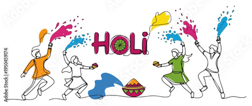 Continuous line drawing of people celebrating the Holi festival with colorful powder splashes
