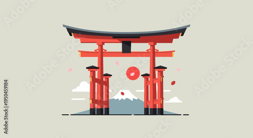 Iconic Japanese Torii Gate with Mount Fuji and Cherry Blossoms