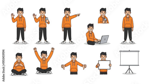 Expressive Poses in Casual Attire: A series of illustrations capturing a young individual in various stances and gestures, showcasing a range of emotions and actions within a casual aesthetic.