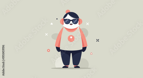 A cute cartoon panda with sunglasses and headphones stands against a neutral background
