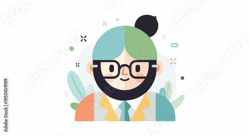 Stylized portrait of a person with glasses and a beard, split hair