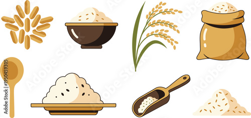 Rice Grain Agriculture Vector Collection Featuring Rice Grains Pile, Cooked Rice Bowls, Rice Plant Stem, Rice Sack Bag and Wooden Rice Scoop Illustration