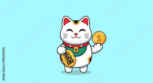 Lucky Cat Holding Gold Coin and Wealth Symbol, Japanese Maneki Neko Mascot, Prosperity Icon