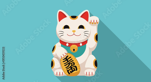 Maneki Neko Lucky Cat with Gold Coin, Japanese Beckoning Cat Illustration