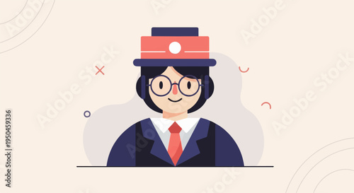 A smiling cartoon person in a suit, tie, and hat with glasses