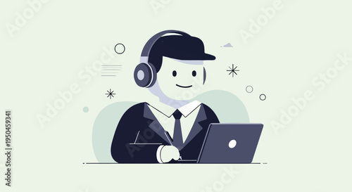 A simplified illustration of a person in headphones and suit working on a laptop