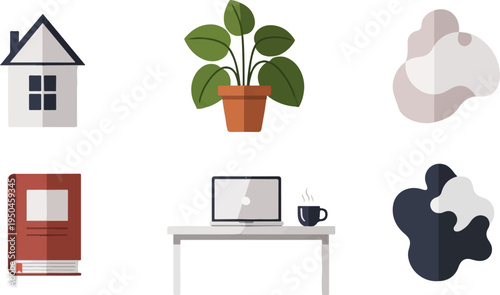 A home, plant, book, and laptop create a cozy and productive workspace