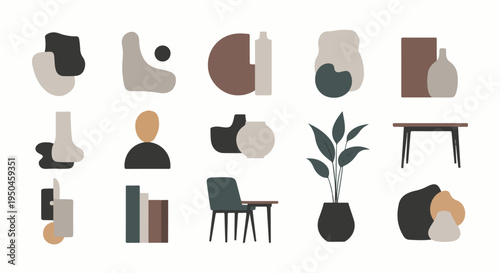 Abstract shapes and objects representing home decor and minimalist design elements