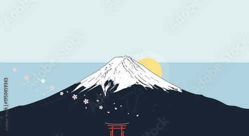 Mount Fuji Sunrise with Cherry Blossoms and Torii Gate