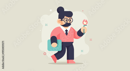 Animated character with glasses holding a burning torch and a blue folder