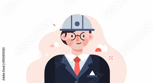 Animated character in a suit and hard hat with abstract shapes