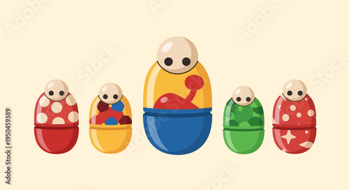 Nesting Dolls Set: Colorful Russian Matryoshka Toys on Beige Background