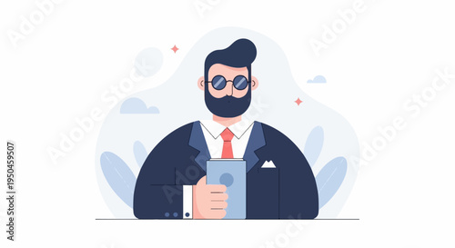 Bearded businessman in suit holds phone, with stylized plants and clouds