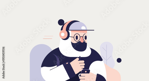 Character with headphones and phone, in a minimalist style