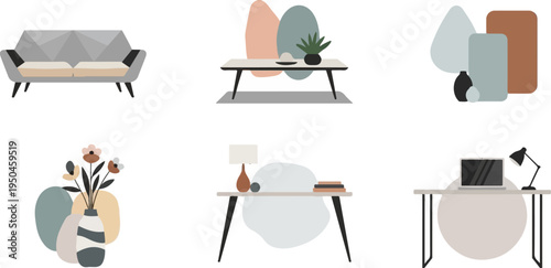 Abstract interior design elements including a sofa, tables with decor, and flora