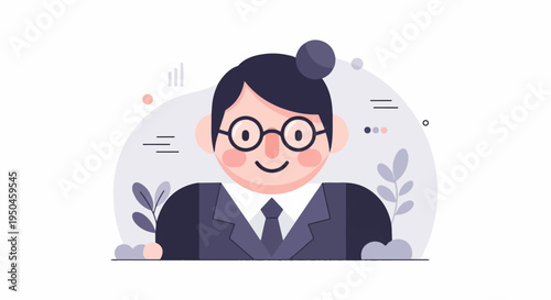 Cheerful animated person in glasses and suit, with plants