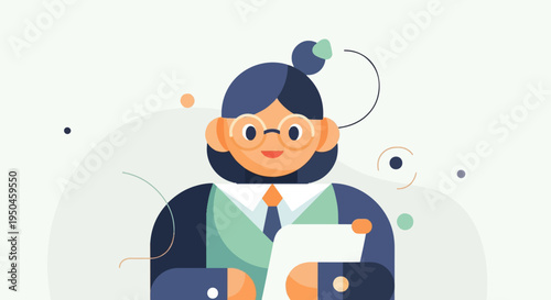 Cartoon woman in glasses and suit holding document, abstract background