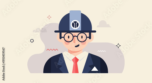 Animated character with glasses, tie, and hard hat