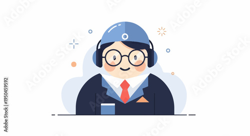 Cheerful person in suit with headset and glasses, bright background