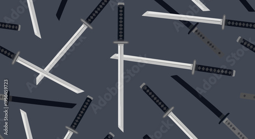 Seamless Pattern of Japanese Katana Swords on Dark Blue Background