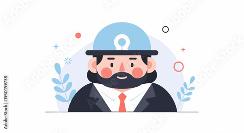 Cartoon man with beard, tie, and helmet on light background