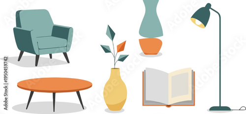 Cozy corner with armchair, coffee table, plants, book, and lamp