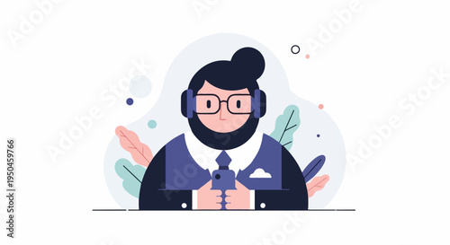 Cartoon person with headphones and phone, surrounded by plants