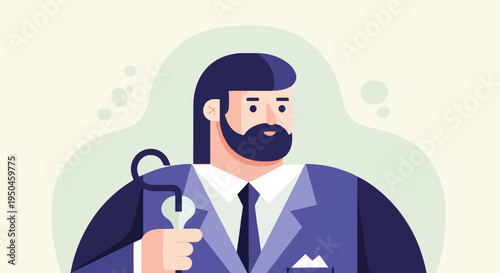 Flat illustration of a bearded man in a suit holding a cane
