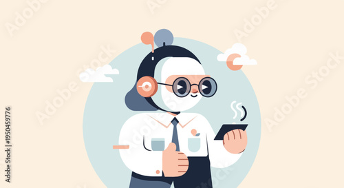 Character in headphones and glasses holding phone, giving thumbs up