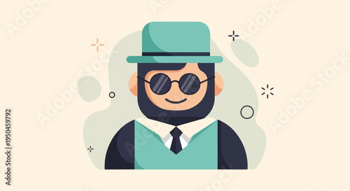 Flat illustration of a character with a beard, hat, and glasses