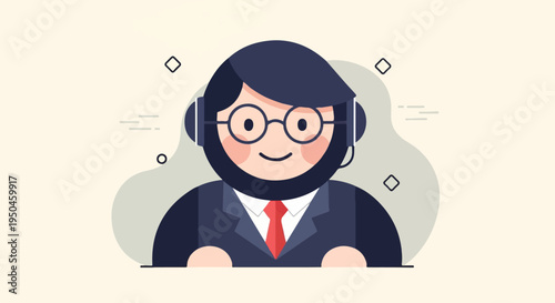 Friendly cartoon support agent wearing glasses and headset with tie