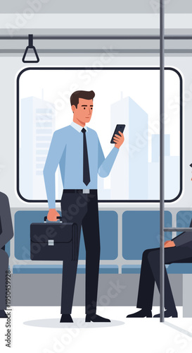 Businessman using smartphone on commuter train, city skyline view
