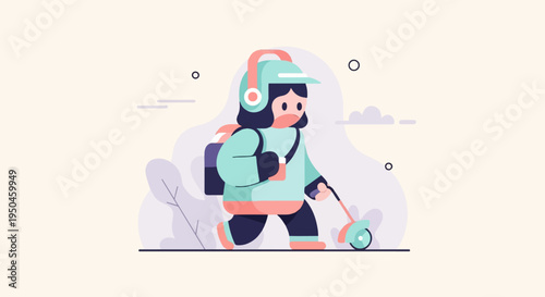 Minimalist illustration of person with backpack and scooter
