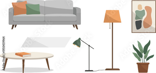 Modern living room furniture, abstract art and potted plant