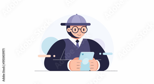 Modern man in formal wear and cap looking at phone with abstract shapes