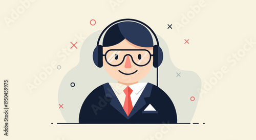 Friendly person with headphones and glasses, professional attire, abstract background