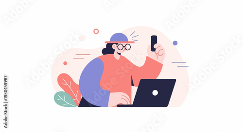 Person in hat using laptop and phone, digital illustration
