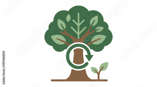 Tree with recycle arrow depicting reforestation, sustainable forestry