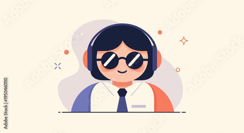 Stylized avatar with headphones, sunglasses, and a tie on a light background