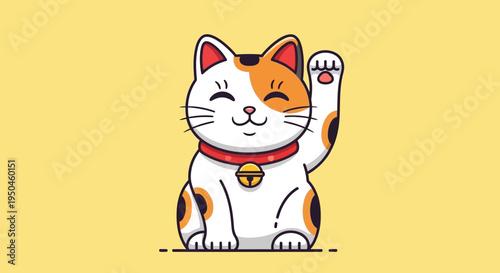Lucky Cat Waving Hello, Japanese Maneki Neko Symbol of Good Fortune, Kawaii Illustration
