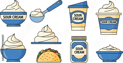 Sour Cream Dairy Vector Collection Featuring Sour Cream Bowls, Sour Cream Scoop Spoon, Sour Cream Container Cups, Sour Cream Jar and Taco with Sour Cream