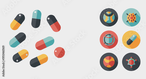 Medical Pills and Icons: Capsules, Tablets, Virus, Bacteria, DNA, Science