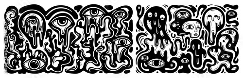 Psychedelic abstract pattern with melting eyes and surreal faces in black and white